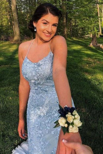 Light Blue Appliques Spaghetti Straps Lace-Up Mermaid Prom Dress