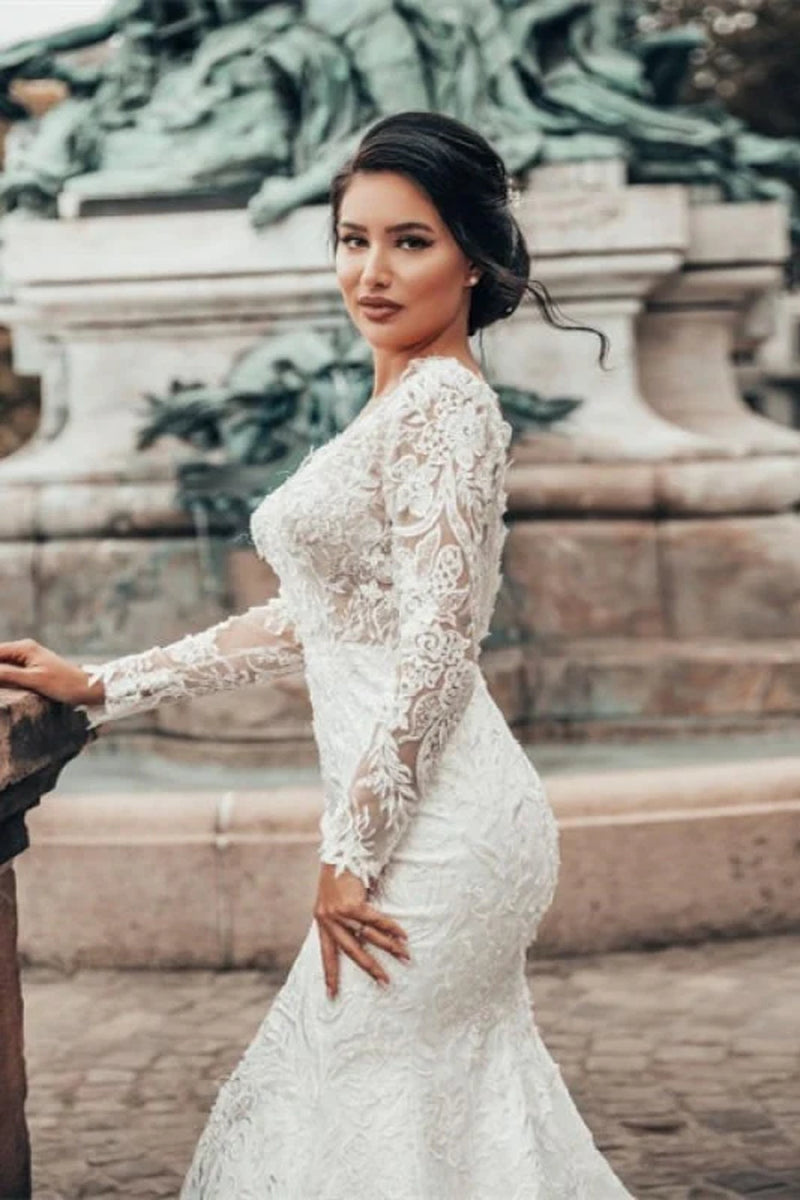 Stylish White Floral Lace Mermaid Bridal Dresses Long Sleeves V-Neck Spring Wedding Dress