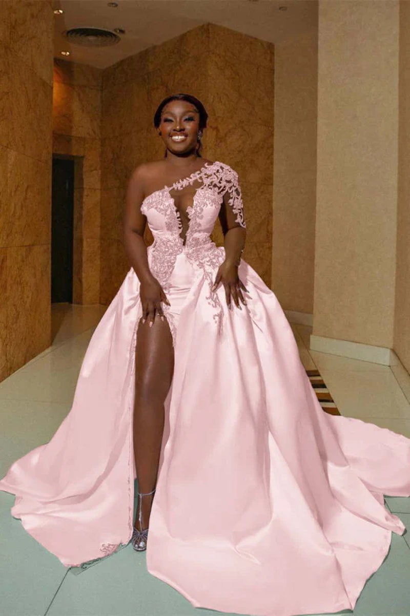 One Shoulder Satin Aline Wedding Dresses Front Slit Wedding Gown with Train
