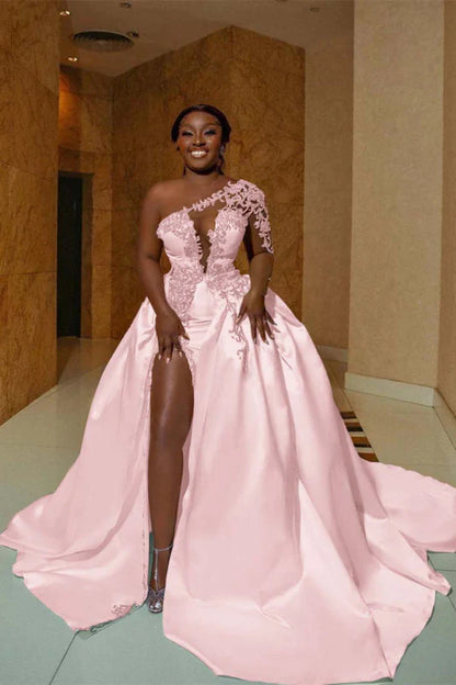 One Shoulder Satin Aline Wedding Dresses Front Slit Wedding Gown with Train