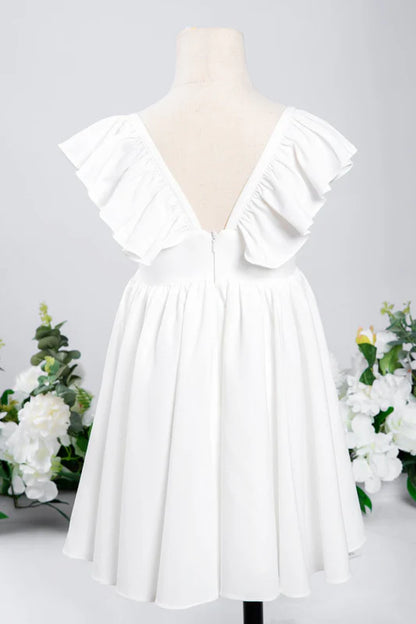 White Ruffle Sleeves Flower Girl Dress Pleated A-Line Little Girl Dress for Wedding Party