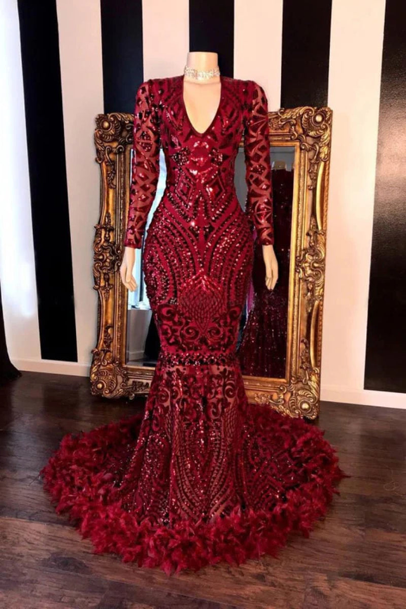 Amazing Sequins V-Neck Long Sleeve Mermaid Prom Dresses