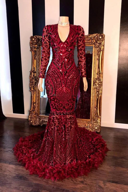 Amazing Sequins V-Neck Long Sleeve Mermaid Prom Dresses