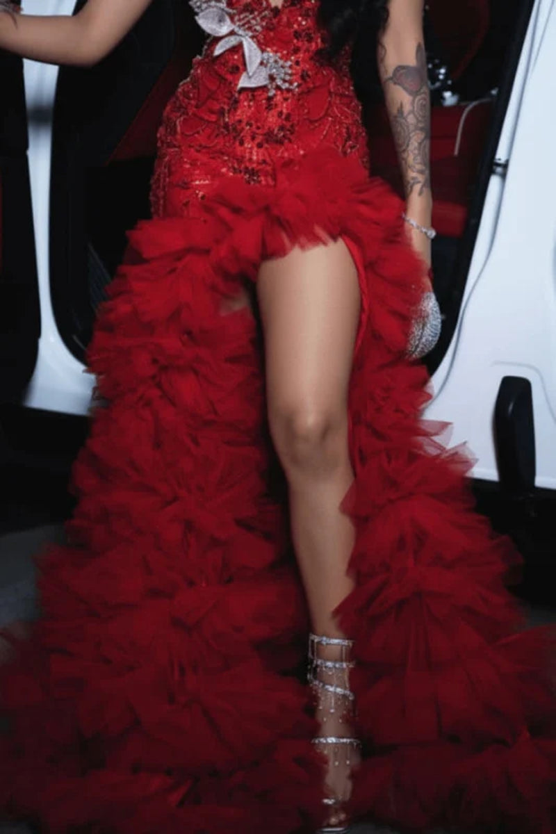 Charming Sleeveless Beadings Red Prom Dress Sequined with High Slit