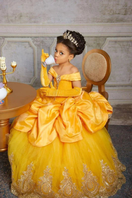 Off-The-Shoulder Ruffle Ball Gown a Line Party Dress Floor Length Birthday Dress for Girls