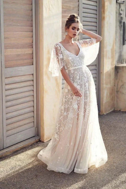 V Neck Half Sleeve Lace Boho Wedding Dresses