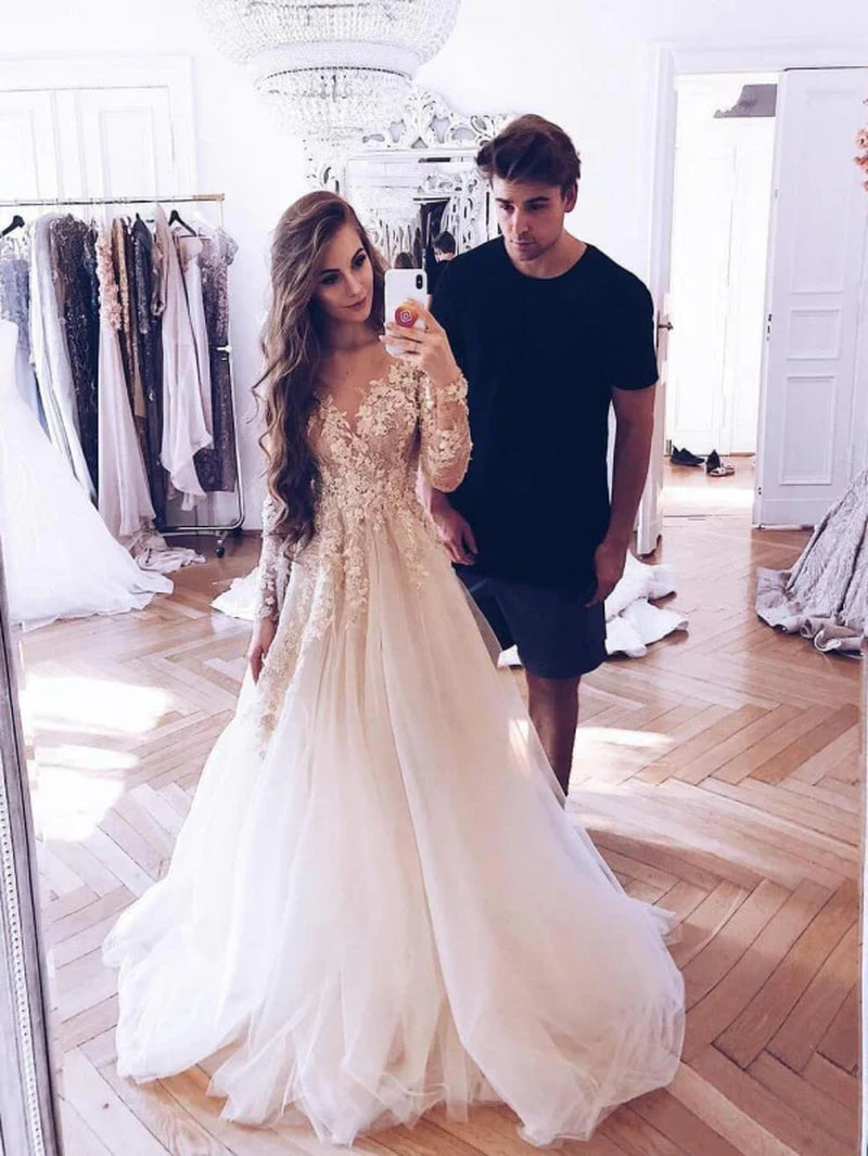 Romantic Long Sleeves Appliques Ruffles Wedding Dresses