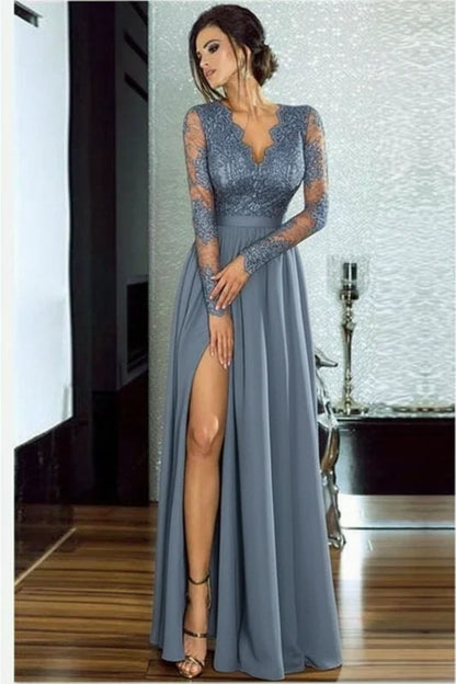 Bridelily A-Line Long Sleeves V-Neck Split Floor-Length Lace Appliques Prom Dresses
