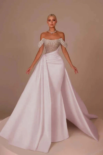 Chic Glitter Off-Shoulder Satin Mermaid Chapel Train Wedding Dress