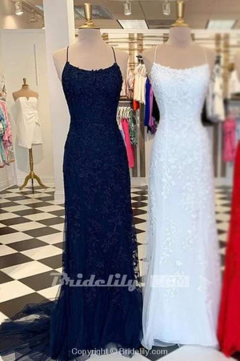 Light Blue Appliques Spaghetti Straps Lace-Up Mermaid Prom Dress