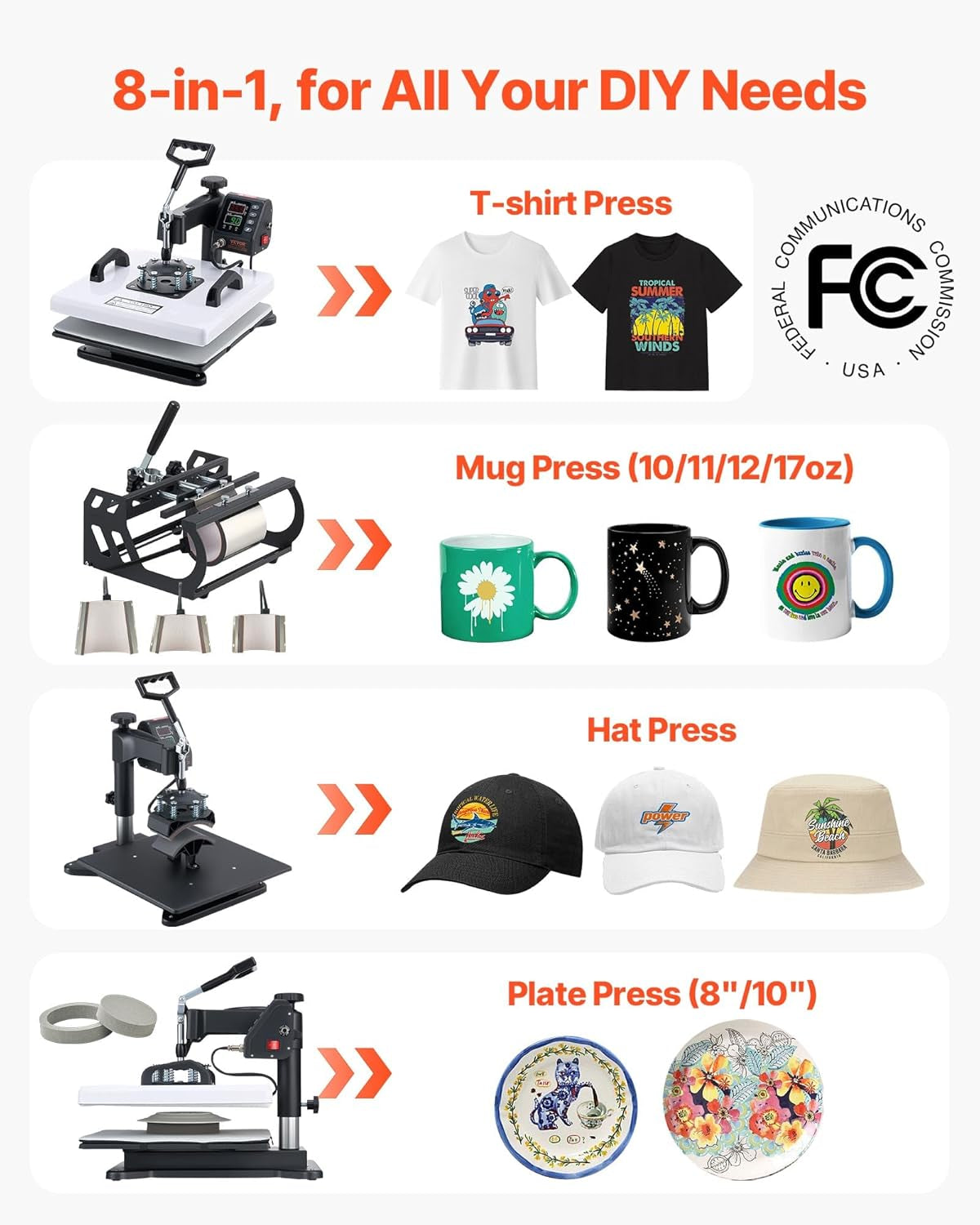VEVOR Heat Press Machine, 15 X 15 In, 8-In-1 Multifunction, 360° Swing Away, Heat up Fast and Even, Digital Precise Control, Sublimation Press Machine for T-Shirts, Mugs, Tumblers, Caps, Plates