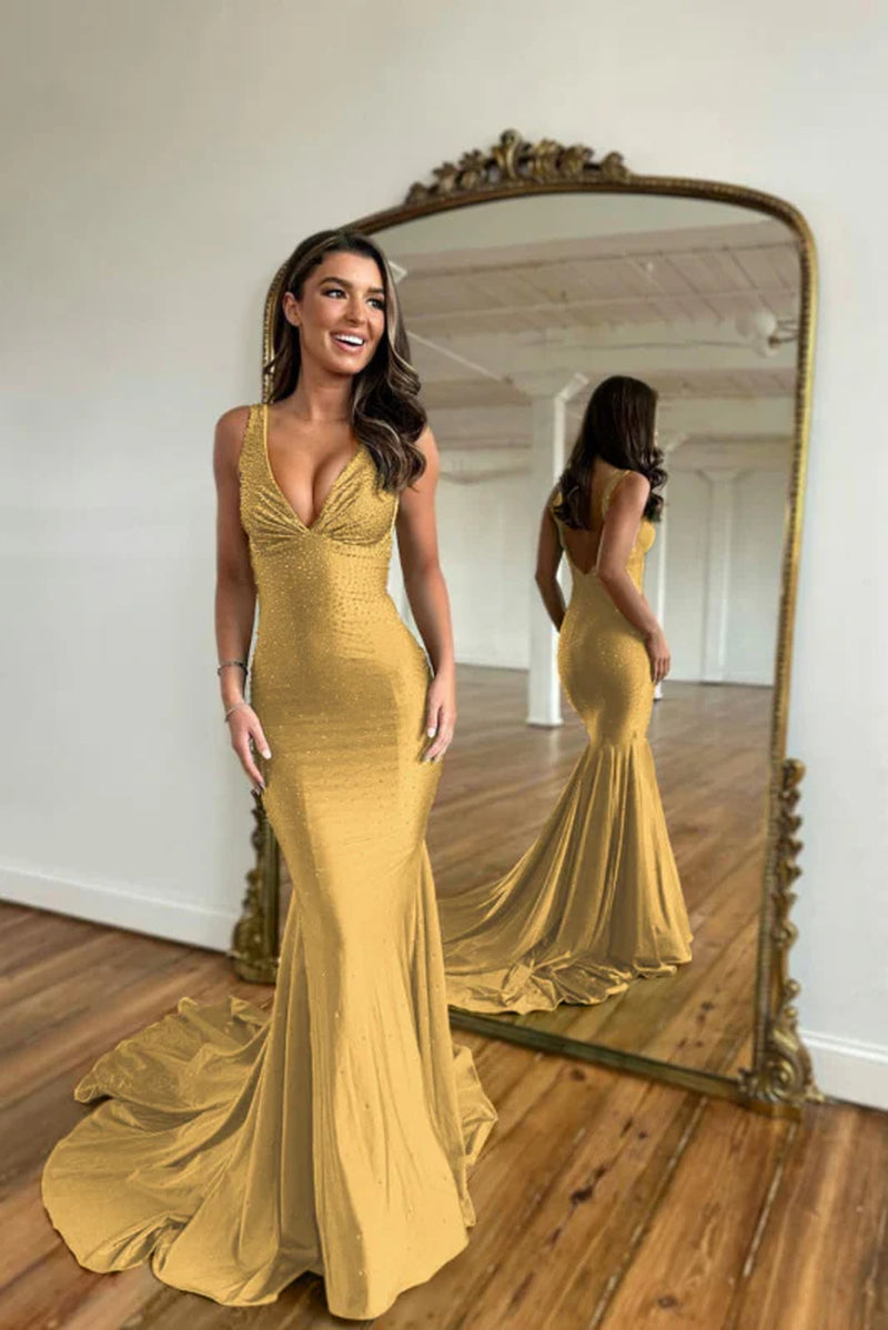 Green Prom Dress Mermaid V Neck Long Evening Dress with Beadings