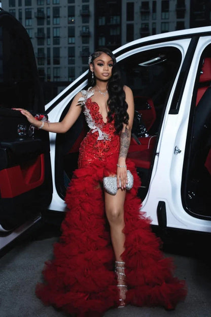 Charming Sleeveless Beadings Red Prom Dress Sequined with High Slit