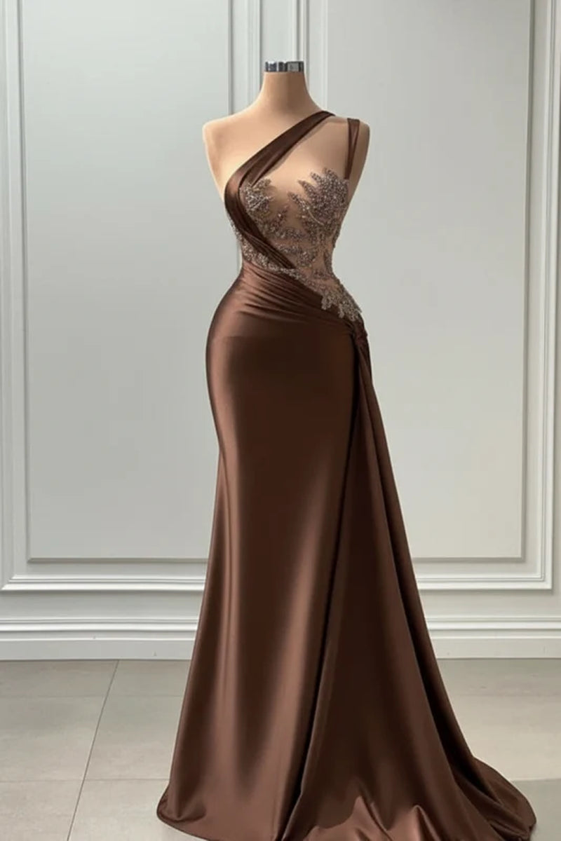 One Shoulder Purple Mermaid Prom Dress with Pleated Beading