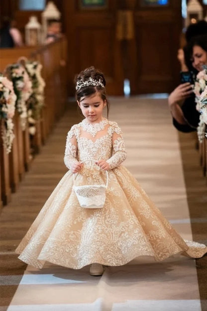 Long Sleeves Princess Long Lace Flower Girl Dresses