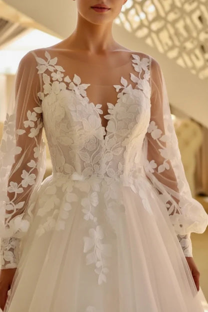 Romantic Long Sleeve Lace Wedding Dress with Appliques Aline Tulle Bridal Gown V-Neck