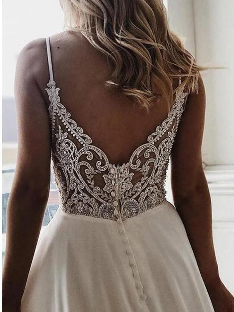 Simple V Neck Chiffon a Line Covered Button Boho Wedding Dresses