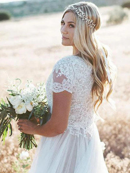 Elegant Short Sleeves Lace Tulle Wedding Dresses
