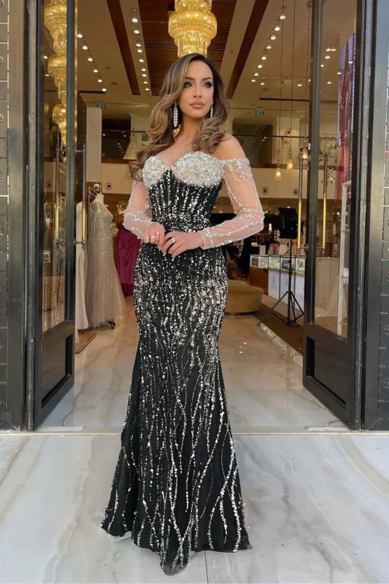 Champagne Sweetheart Mermaid Prom Dress Long Sleeves with Beadings