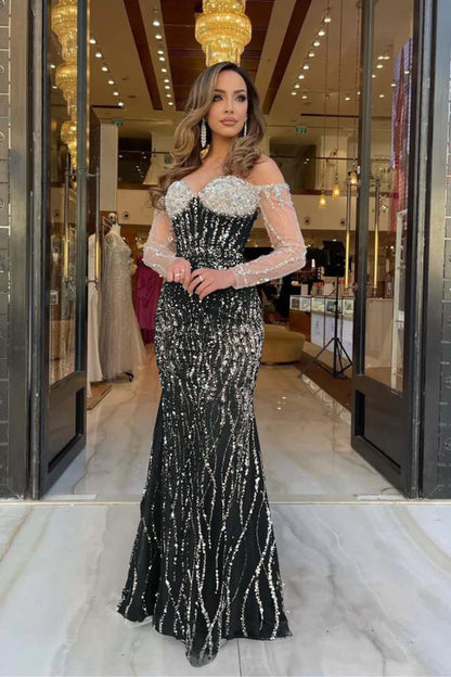 Champagne Sweetheart Mermaid Prom Dress Long Sleeves with Beadings