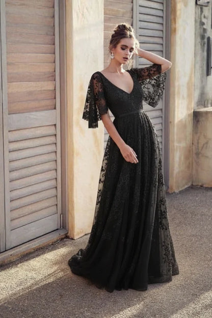 V Neck Half Sleeve Lace Boho Wedding Dresses