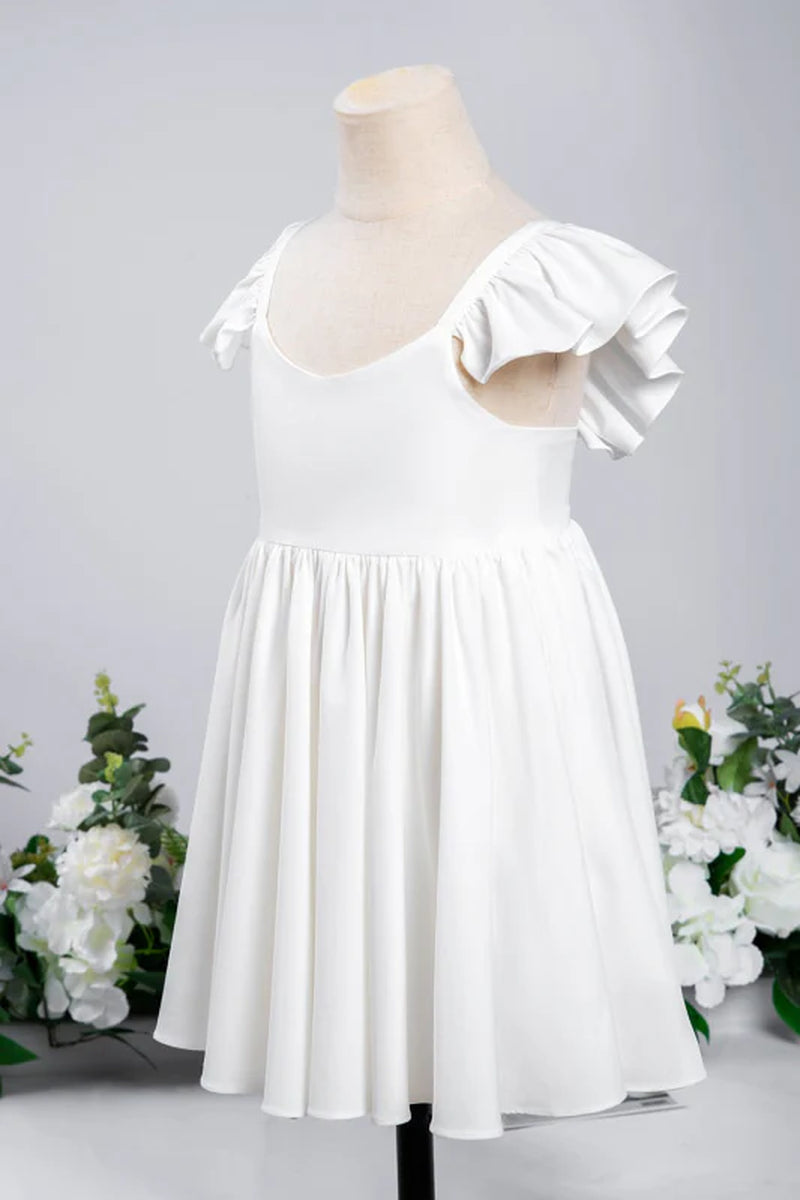White Ruffle Sleeves Flower Girl Dress Pleated A-Line Little Girl Dress for Wedding Party