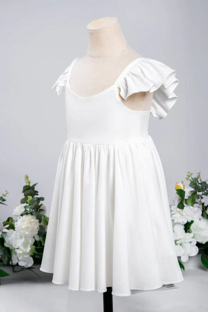 White Ruffle Sleeves Flower Girl Dress Pleated A-Line Little Girl Dress for Wedding Party