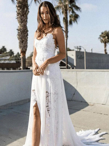 Lace White Boho Bohemian Wedding Dresses with Front Split