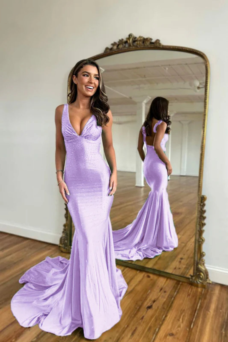 Green Prom Dress Mermaid V Neck Long Evening Dress with Beadings