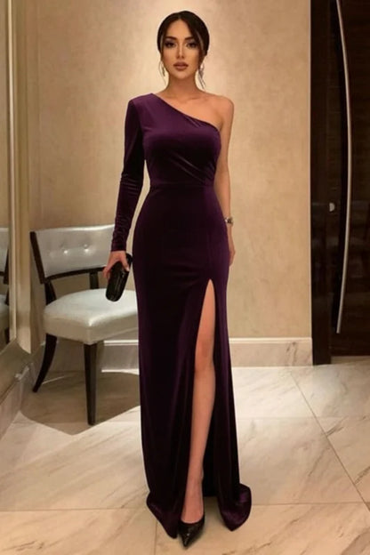 One Shoulder Black Long Prom with High Slit Black Velvet Formal Evening Dress