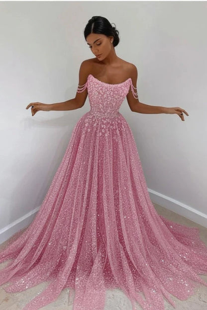 Sky Blue Off-The-Shoulder Prom Dress Long with Sequins