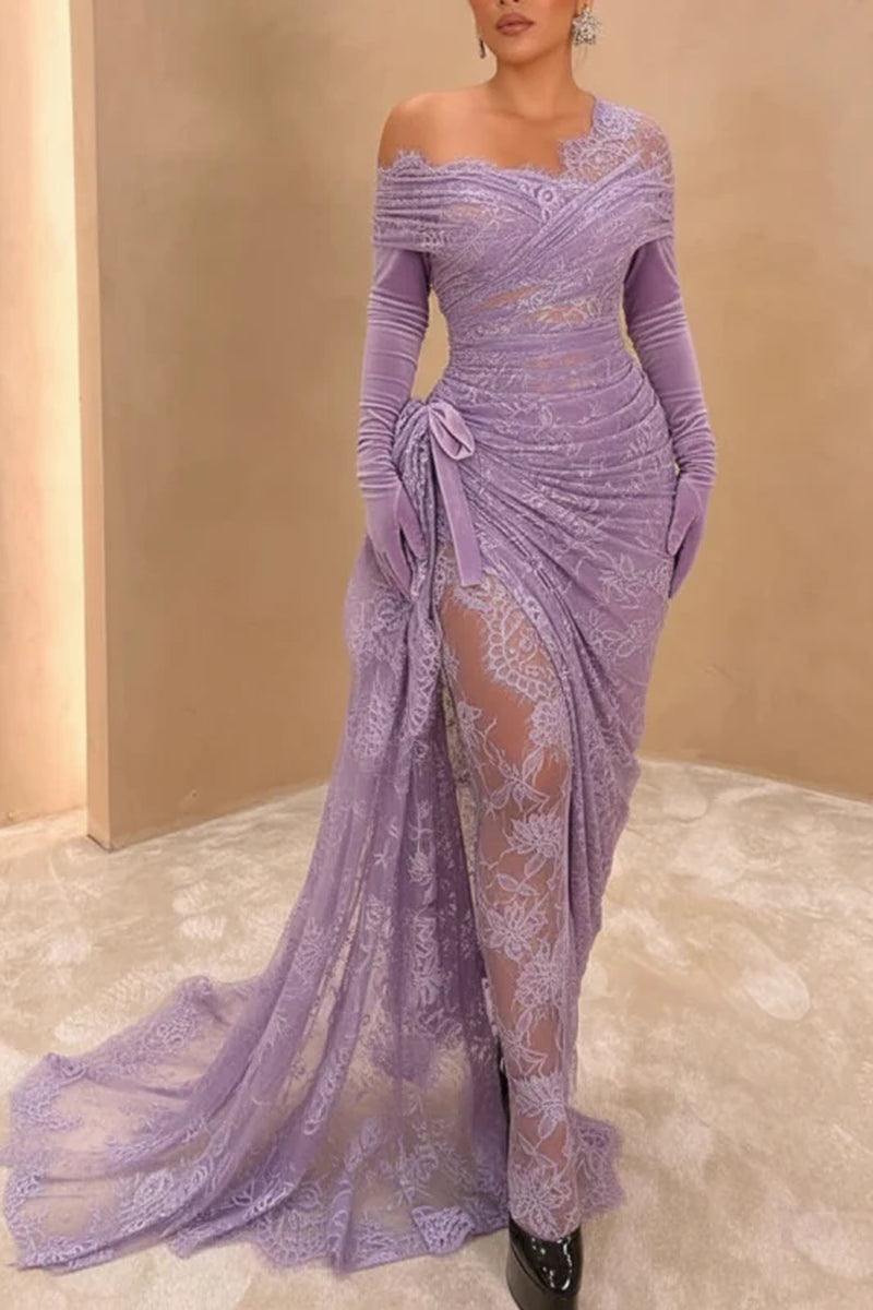Black Lace Asymmetric Prom Dress Long with High Slit