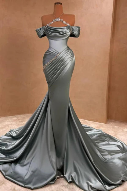 Chic Ruffle Satin Prom Dress Mermaid Off-The-Shoulder Beadings Long Party Gown