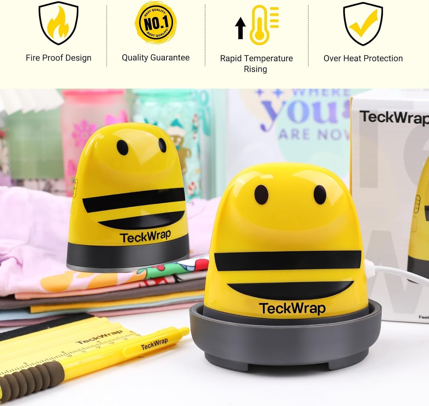 TECKWRAP Mini Heat Press Machine for HTV & Sublimation, Compact Heat Press for Vinyl on T-Shirts, Hats, Shoes, Bags, DIY Crafts – Small Heat Transfer Machine for Beginners (Yellow Bee)