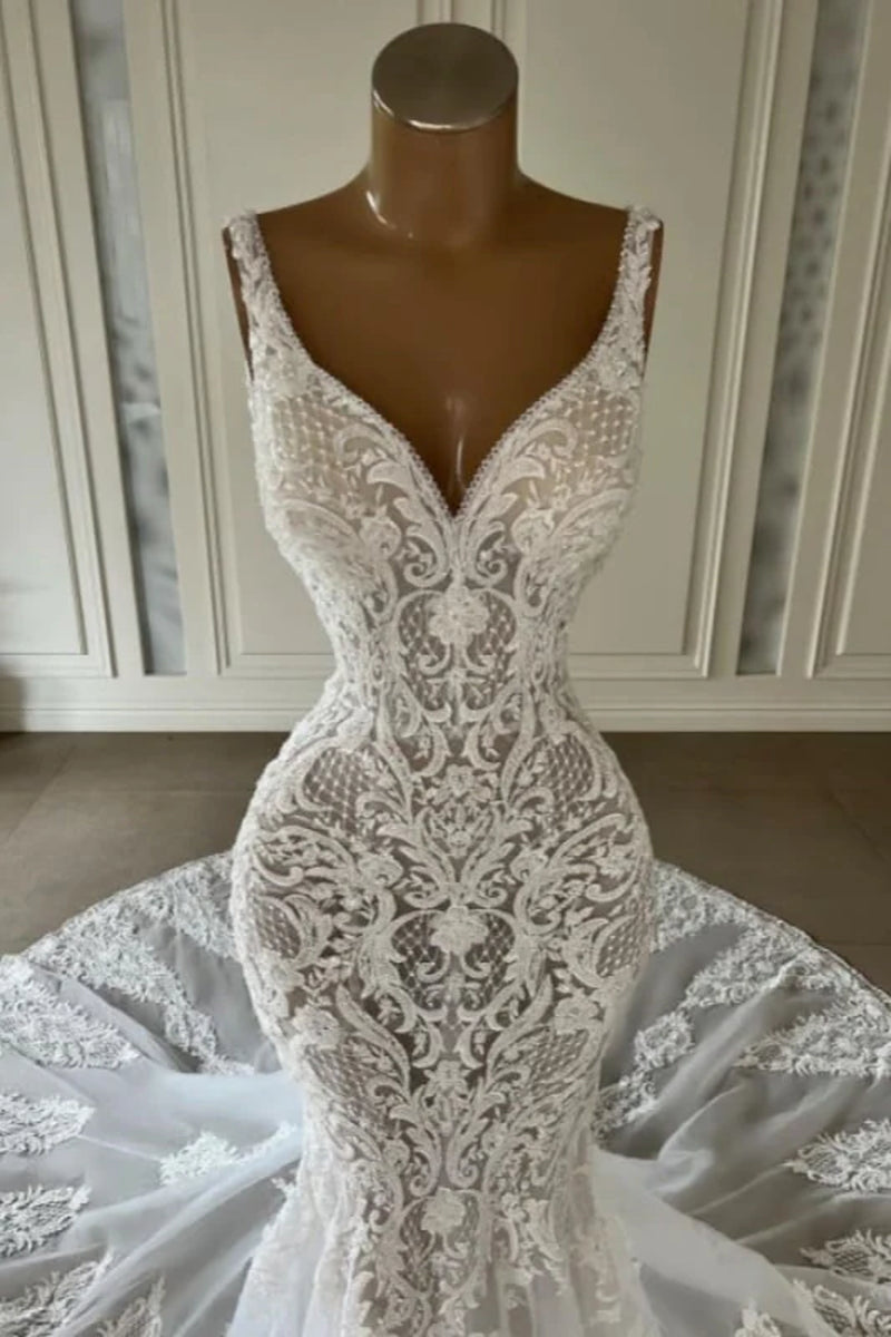 Mermaid Lace Sweetheart Wedding Dress V-Neck Long Bridal Dress with Train