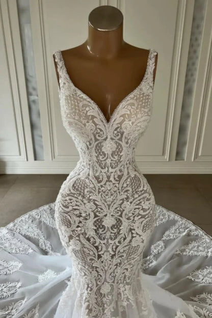 Mermaid Lace Sweetheart Wedding Dress V-Neck Long Bridal Dress with Train