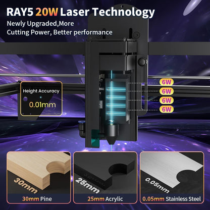 Longer New Upgrade RAY5 20W Laser Engraver,20000Mw Output,32-Bit Motherboard, 130W CNC Laser Cutter,App Offline Control, DIY Engraver Tool for Metal/Glass/Wood,Engraving Speed to 24,000 Mm/Min