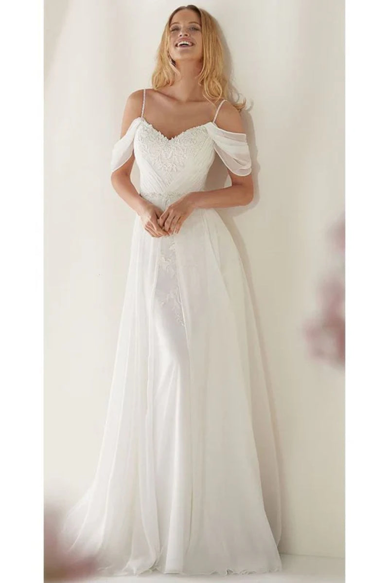 Elegant Spaghetti Strap Beach Wedding Dress with Sweep Train Boho Bridal Gown