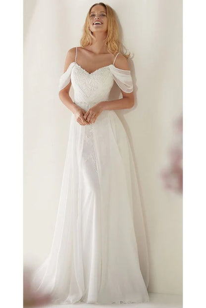 Elegant Spaghetti Strap Beach Wedding Dress with Sweep Train Boho Bridal Gown