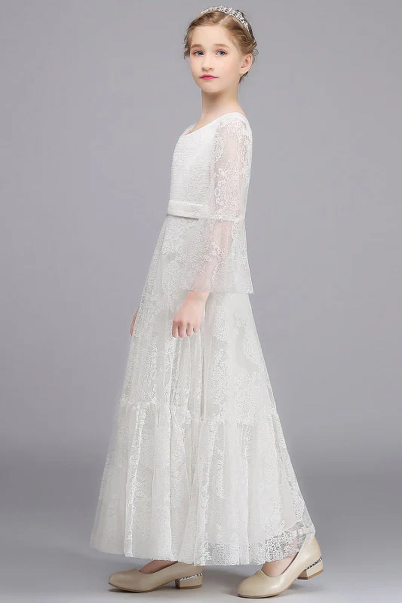 Boho Flower Girl Dress Long Sleeves Lace Briddesmaid Dress for Girls