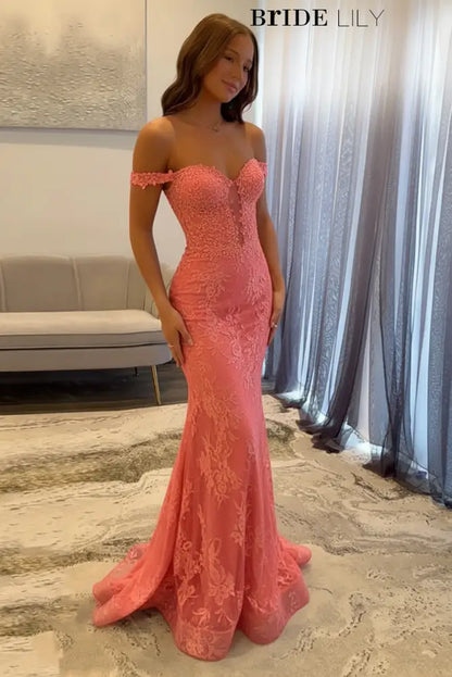 Off-The-Shoulder Mermaid Evening Dress Lace Prom Dress Long