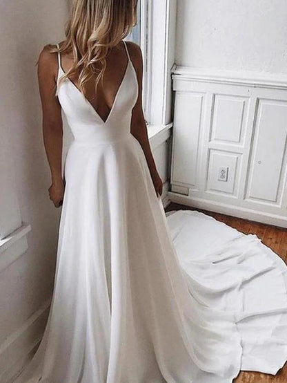 Simple V Neck Chiffon a Line Covered Button Boho Wedding Dresses