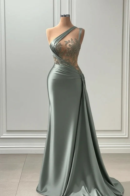 One Shoulder Purple Mermaid Prom Dress with Pleated Beading