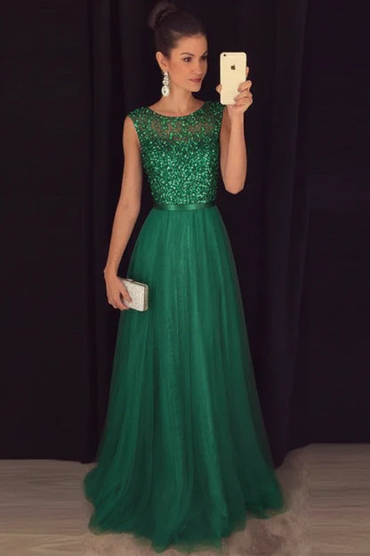 Elegant Gray A-Line Prom Dress Sequined Tulle Evening Gown