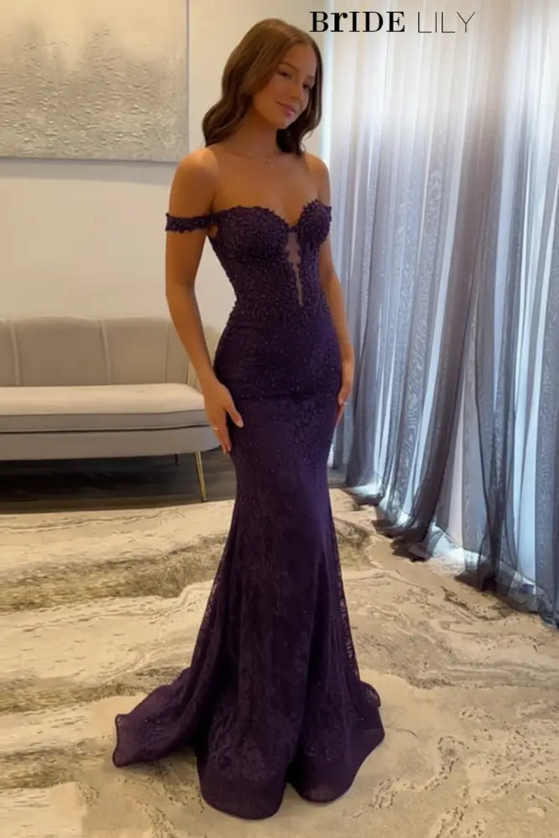 Off-The-Shoulder Mermaid Evening Dress Lace Prom Dress Long