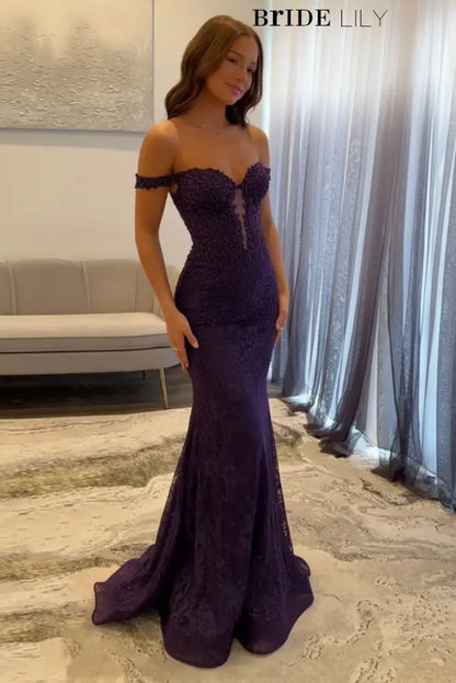 Off-The-Shoulder Mermaid Evening Dress Lace Prom Dress Long