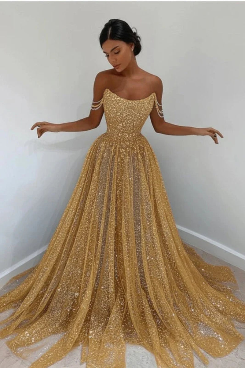 Sky Blue Off-The-Shoulder Prom Dress Long with Sequins