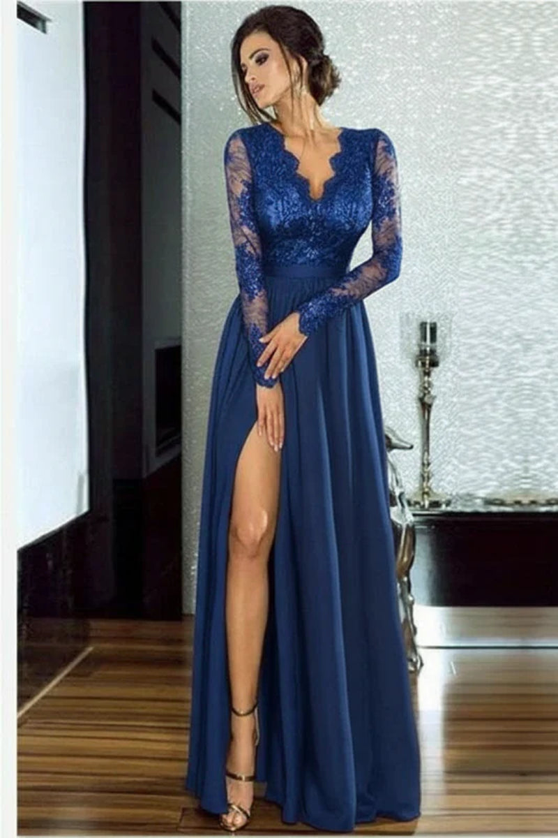 Bridelily A-Line Long Sleeves V-Neck Split Floor-Length Lace Appliques Prom Dresses