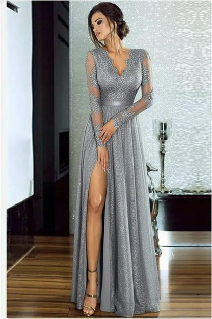 Bridelily A-Line Long Sleeves V-Neck Split Floor-Length Lace Appliques Prom Dresses