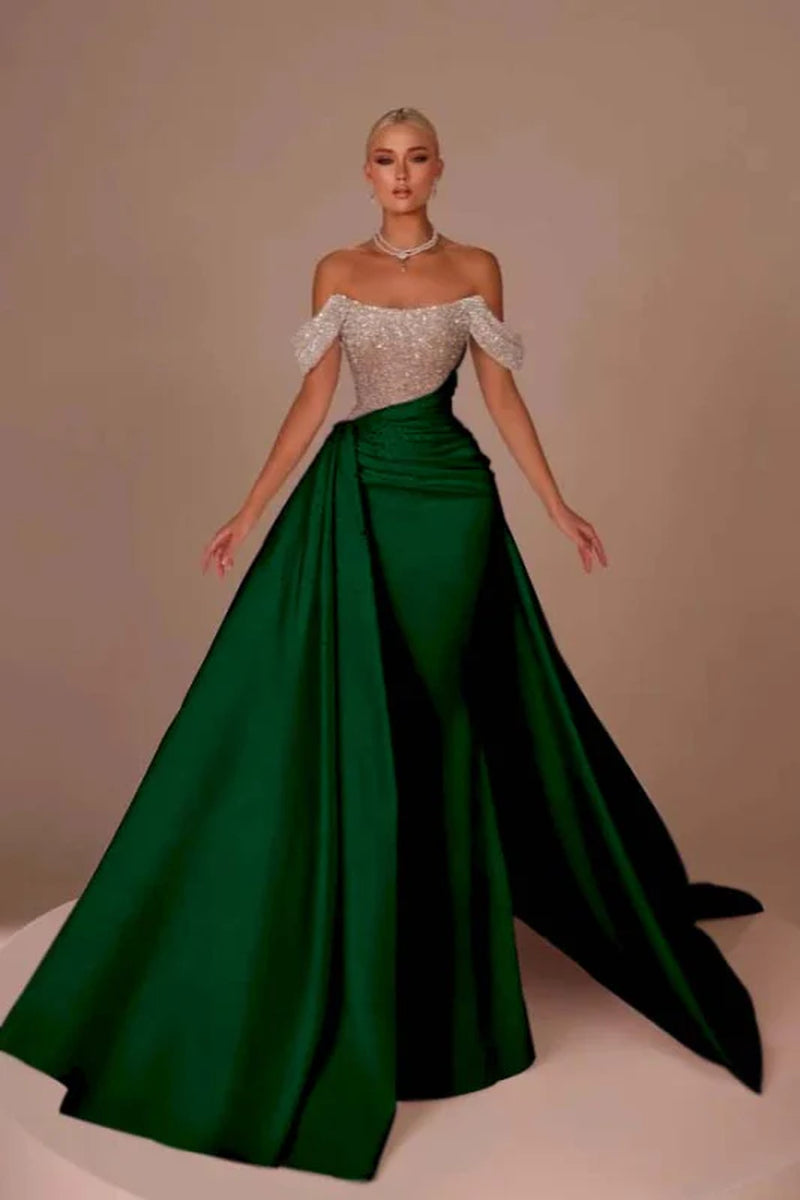 Chic Glitter Off-Shoulder Satin Mermaid Chapel Train Wedding Dress